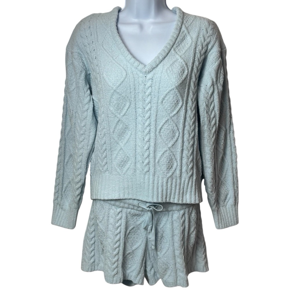 PJ Salvage Light Blue Cable Knit V-Neck Sweater & Shorts Lounge Set - Picture 2 of 13